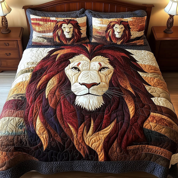 Roarbreaker Lion quilted 3-piece bedding set on a made bed with two matching pillow shams