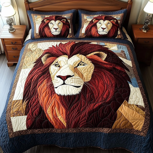 Roarbreaker Lion quilted 3-piece bedding set on a made bed with two matching pillow shams