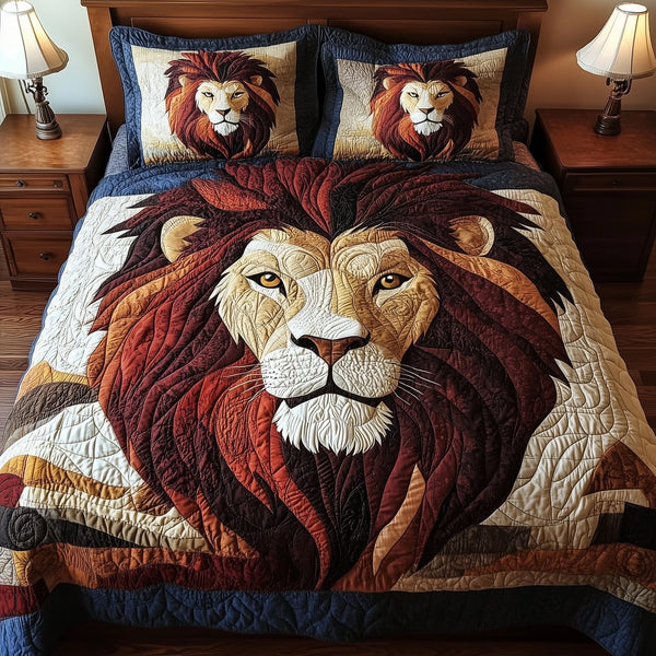 Roarbreaker Lion quilted 3-piece bedding set on a made bed with two matching pillow shams