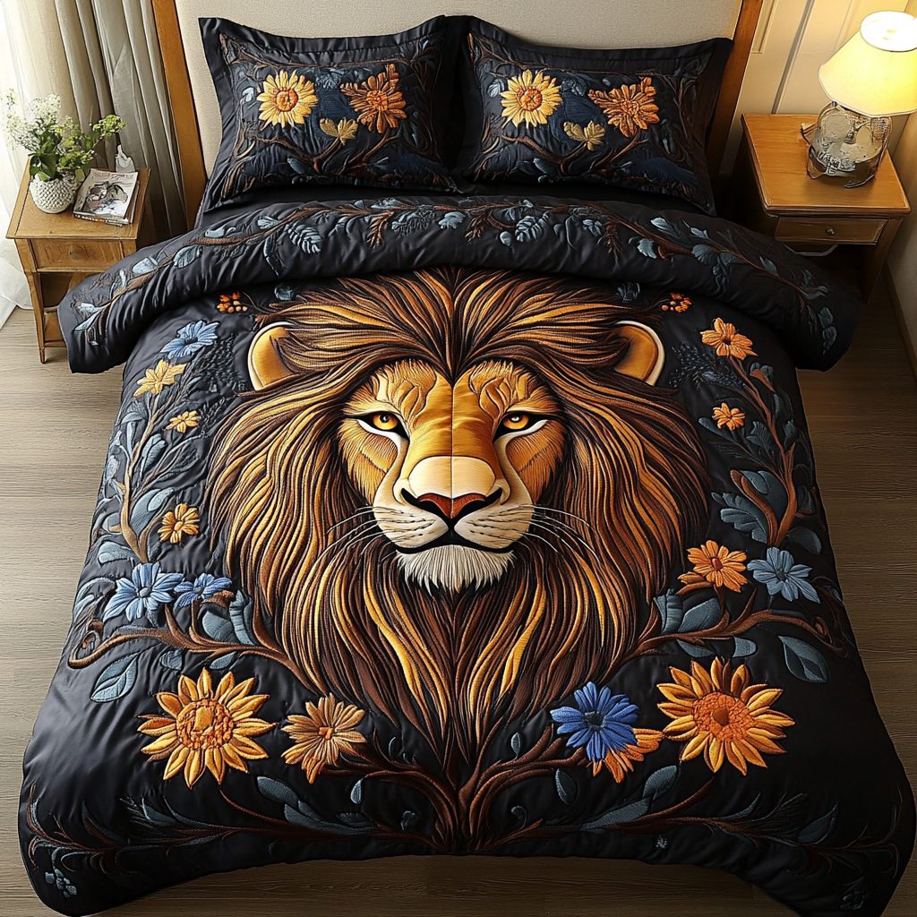 Roaring Glory quilted 3-piece bedding set on a made bed with two matching pillow shams