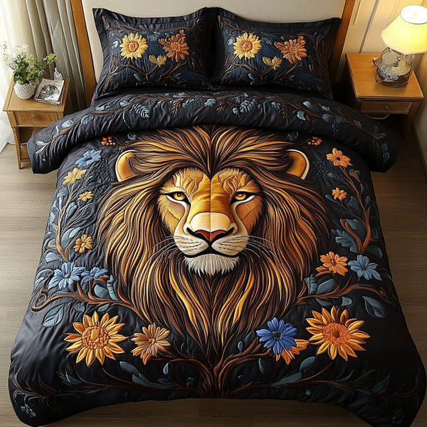 Roaring Glory quilted 3-piece bedding set on a made bed with two matching pillow shams