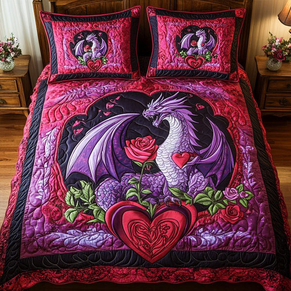 Roaring Hearts quilted 3-piece bedding set on a made bed with two matching pillow shams