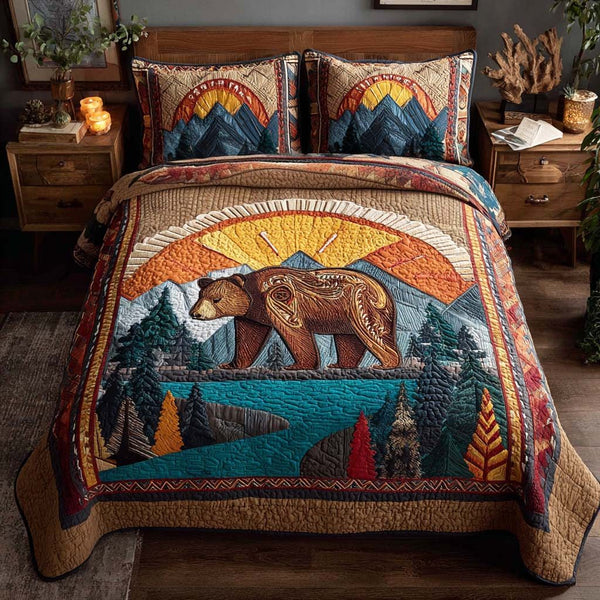 Roaring Hunter quilted 3-piece bedding set on a made bed with two matching pillow shams
