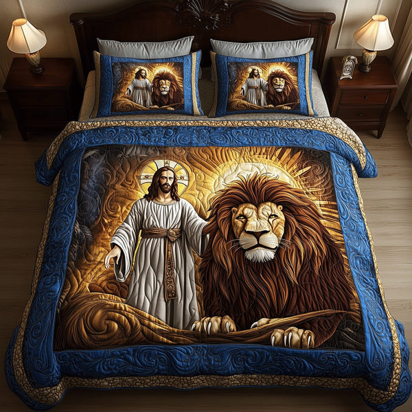 Roaring in Faith quilted 3-piece bedding set on a made bed in a softly lit bedroom