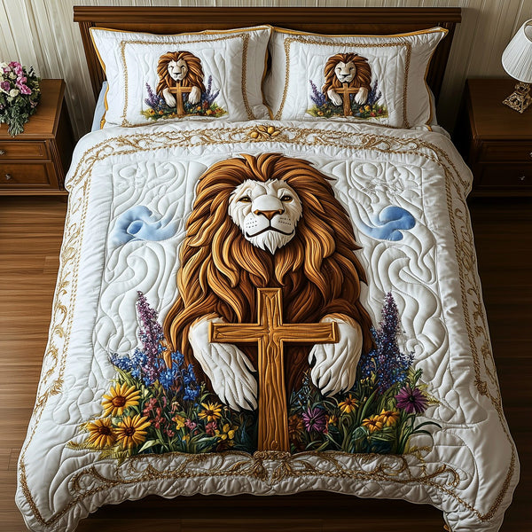 Roaring Redemption quilted 3-piece bedding set on a made bed with two matching pillow shams
