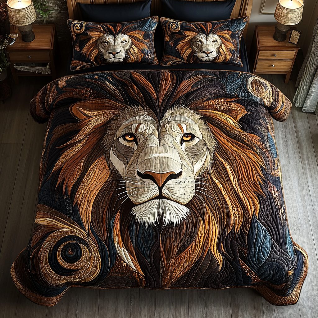 Roaring Spirit quilted 3-piece bedding set on a made bed with two matching pillow shams