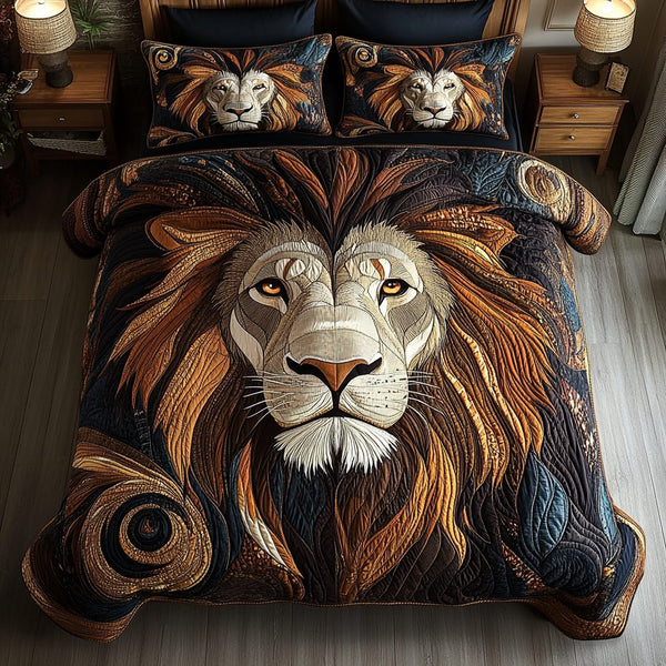 Roaring Spirit quilted 3-piece bedding set on a made bed with two matching pillow shams