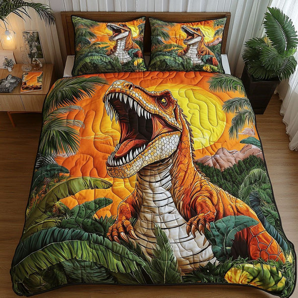 Roaring Sunset quilted 3-piece bedding set on a made bed with two matching pillow shams