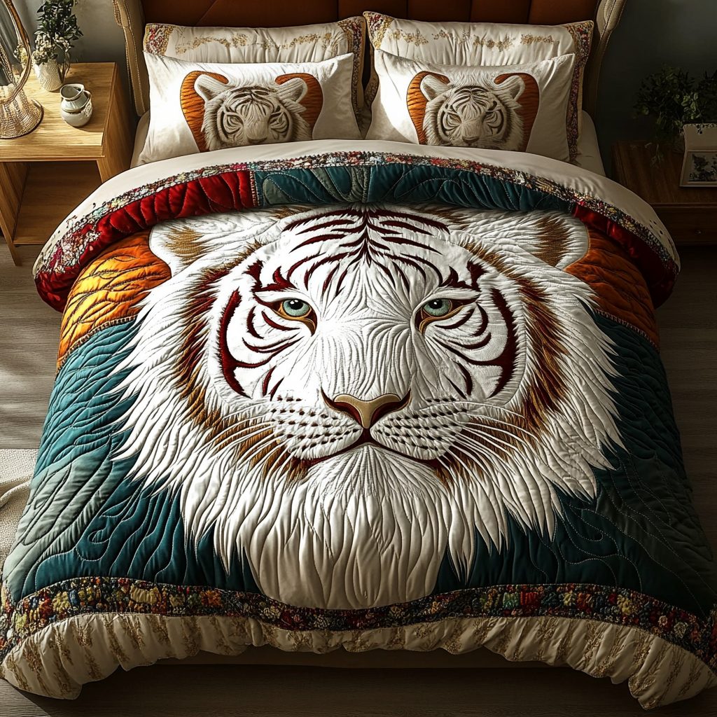 Roaring White Tiger quilted 3-piece bedding set on a made bed with two matching pillow shams