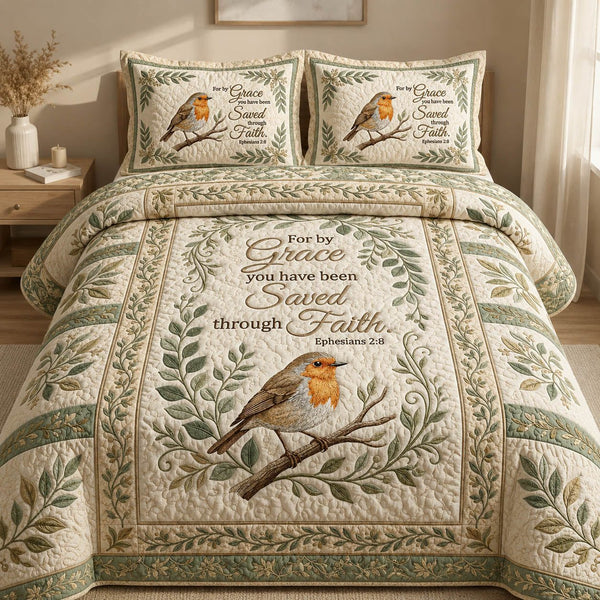 Robin Christian Ephesian 2 8 quilted 3-piece bedding set on a made bed in a softly lit bedroom