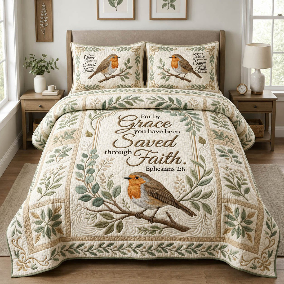 Robin Christian Garden quilted 3-piece bedding set on a made bed in a softly lit bedroom