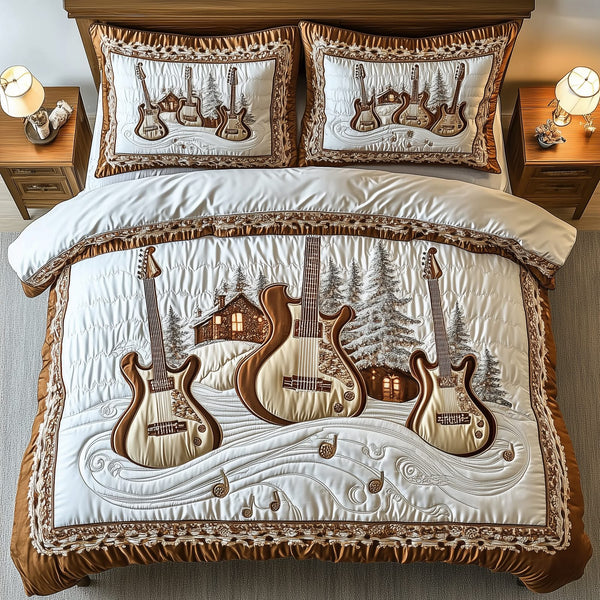 Rock and Roll Culture quilted 3-piece bedding set on a made bed with two matching pillow shams