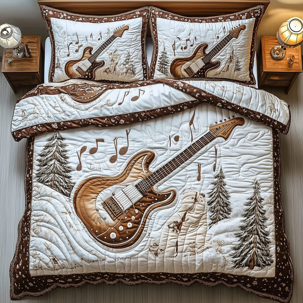 Rock and Roll Culture quilted 3-piece bedding set on a made bed with two matching pillow shams