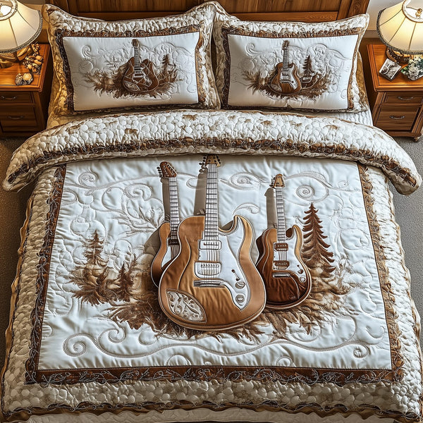 Rock and Roll Culture quilted 3-piece bedding set on a made bed with two matching pillow shams