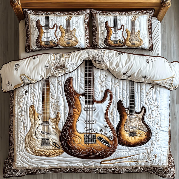 Rock and Roll Culture quilted 3-piece bedding set on a made bed with two matching pillow shams