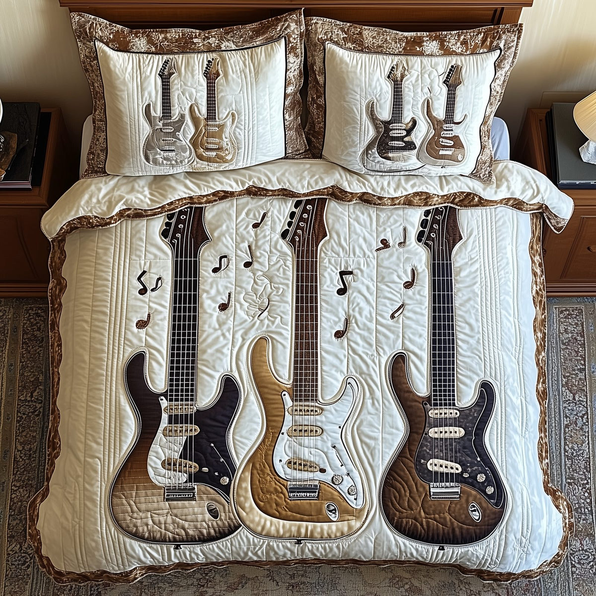 Rock and Roll Culture quilted 3-piece bedding set on a made bed with two matching pillow shams