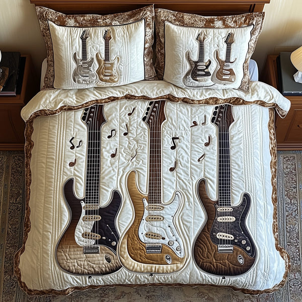 Rock and Roll Culture quilted 3-piece bedding set on a made bed with two matching pillow shams