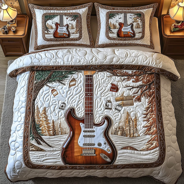 Rock and Roll Culture quilted 3-piece bedding set on a made bed with two matching pillow shams