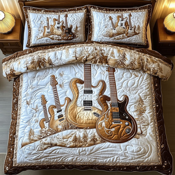 Rock and Roll Culture quilted 3-piece bedding set on a made bed with two matching pillow shams