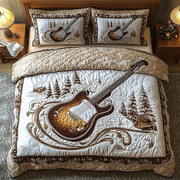 Rock and Roll Culture quilted 3-piece bedding set on a made bed with two matching pillow shams