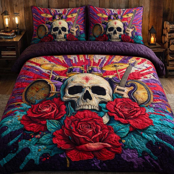 Rock Bloom quilted 3-piece bedding set on a made bed with two matching pillow shams