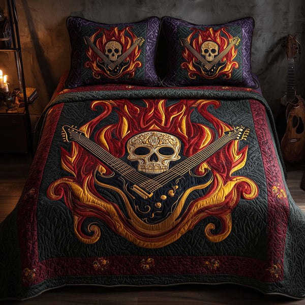 Rock Metal Skull quilted 3-piece bedding set on a made bed against a dark styled interior
