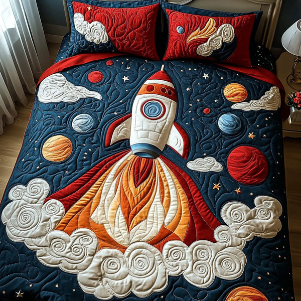 Rocket Horizon quilted 3-piece bedding set on a made bed with two matching pillow shams
