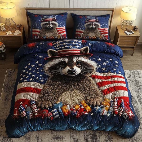 Rocket Raccoon quilted 3-piece bedding set on a made bed with two matching pillow shams