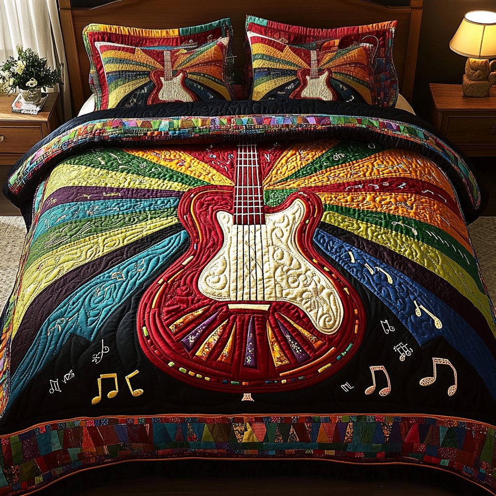 Rocking Rhythm quilted 3-piece bedding set on a made bed with two matching pillow shams