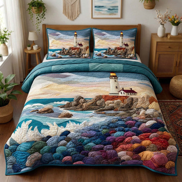 Rocky Beacon quilted 3-piece bedding set on a made bed with two matching pillow shams