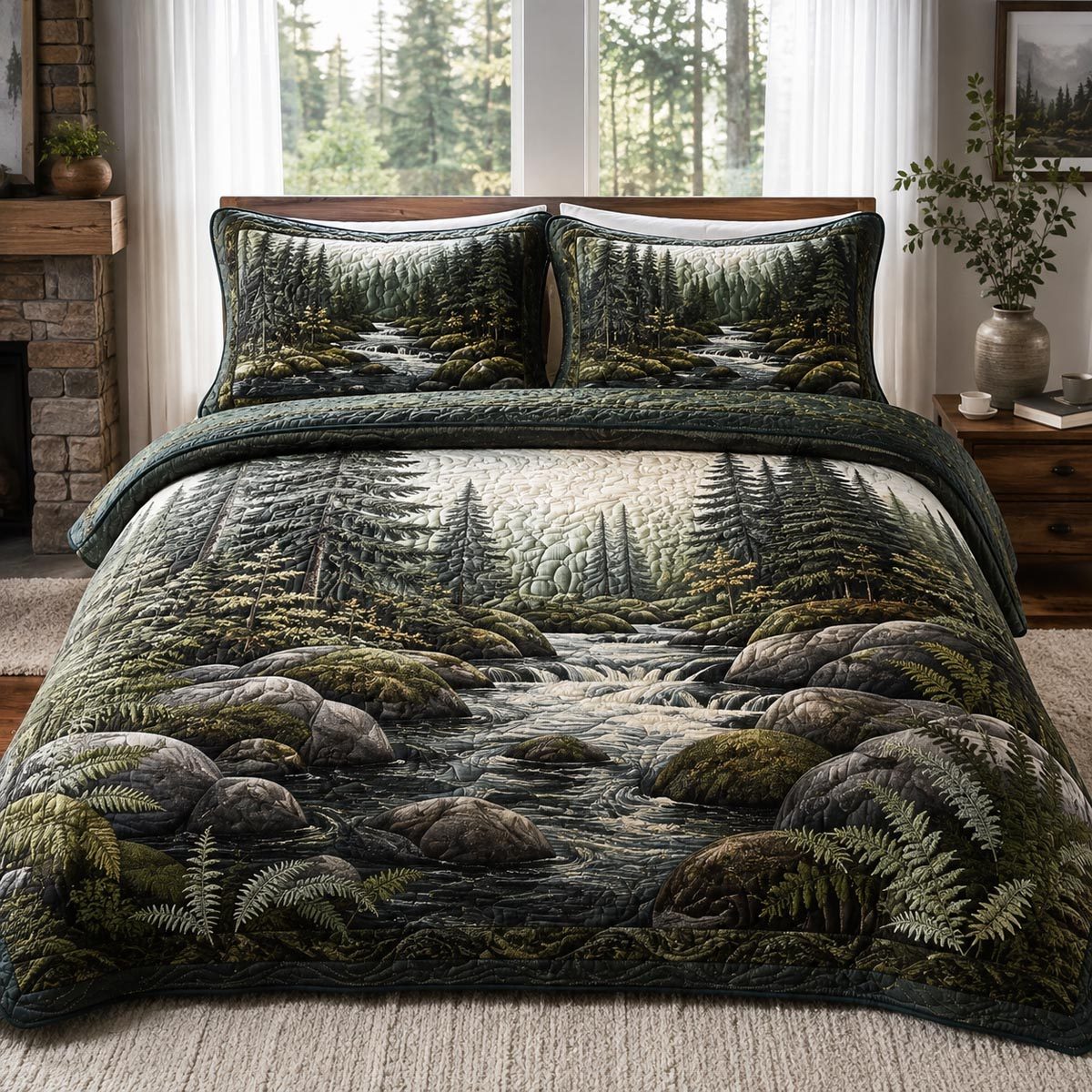 Rocky Creek Forest quilted 3-piece bedding set on a made bed with two matching pillow shams