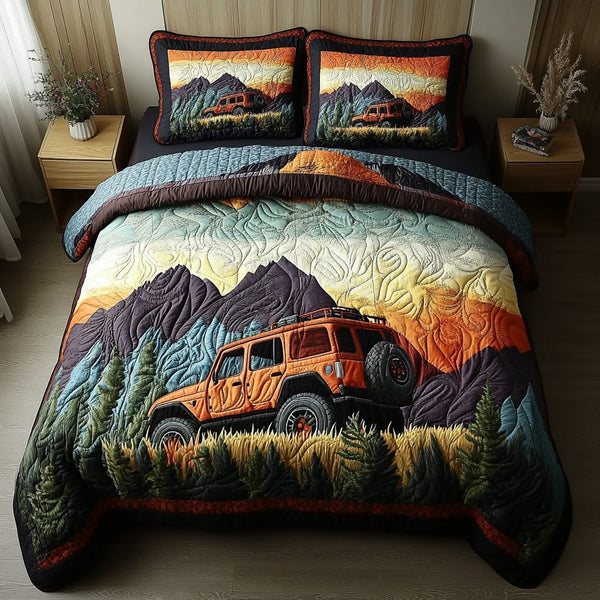 Rocky Route quilted 3-piece bedding set on a made bed with two matching pillow shams