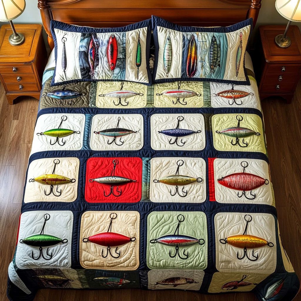 Rod and Rest quilted 3-piece bedding set on a made bed with two matching pillow shams