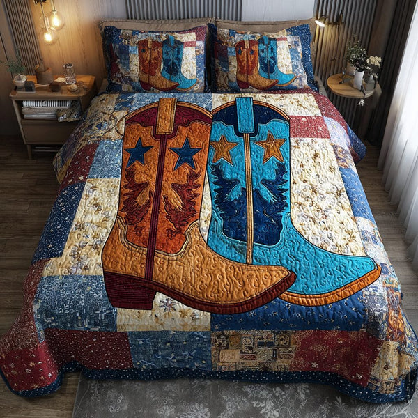 Rodeo Boots quilted 3-piece bedding set on a made bed in a rustic timber bedroom