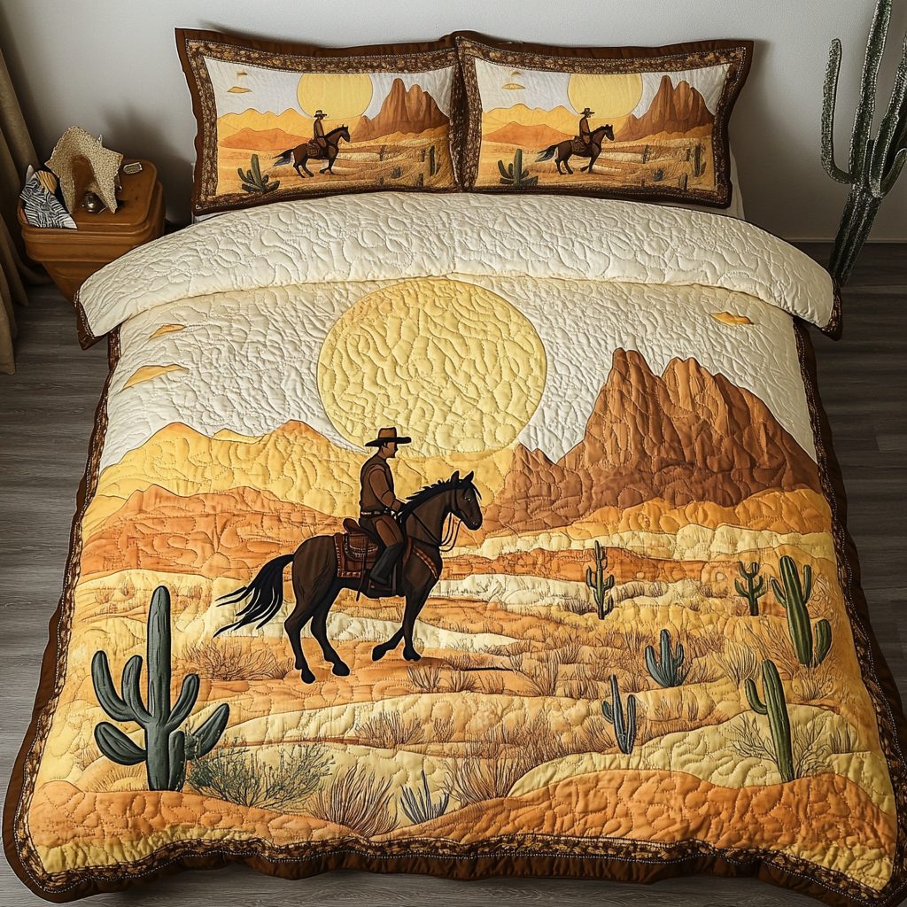 Rodeo Days quilted 3-piece bedding set on a made bed in a rustic timber bedroom