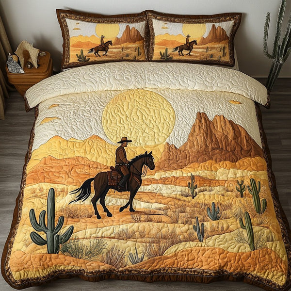 Rodeo Days quilted 3-piece bedding set on a made bed in a rustic timber bedroom