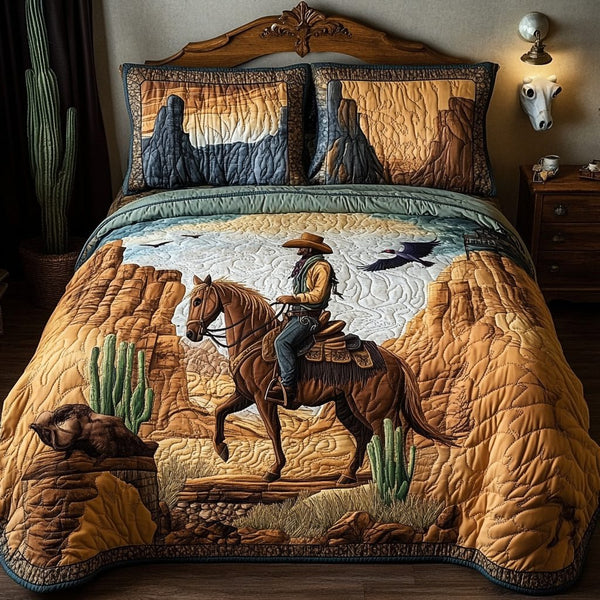 Rodeo Days quilted 3-piece bedding set on a made bed in a rustic timber bedroom