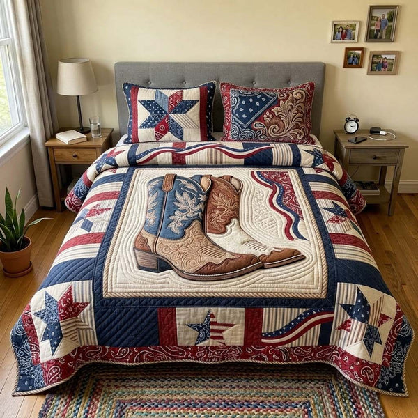Rodeo Heritage quilted 3-piece bedding set on a made bed in a rustic timber bedroom