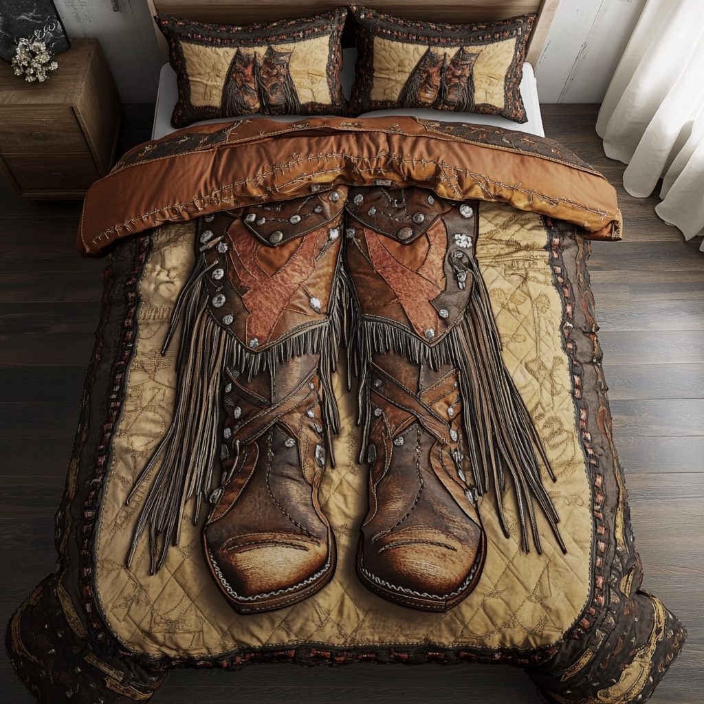 Rodeo Life quilted 3-piece bedding set on a made bed in a rustic timber bedroom