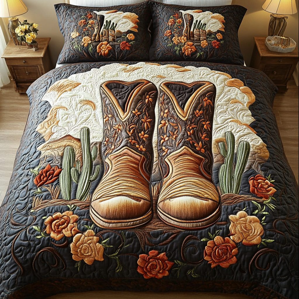 Rodeo Retreat quilted 3-piece bedding set on a made bed in a rustic timber bedroom