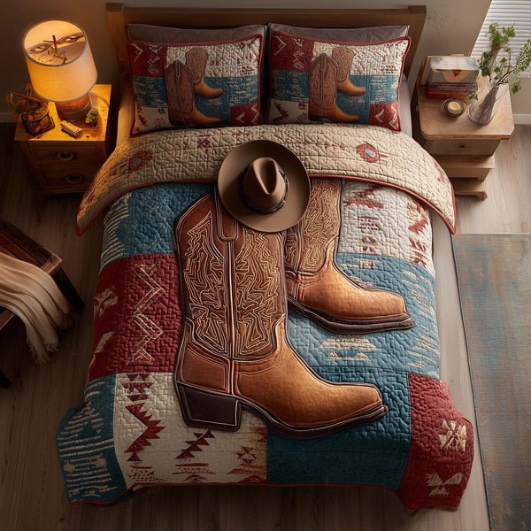 Rodeo Roundup quilted 3-piece bedding set on a made bed in a rustic timber bedroom