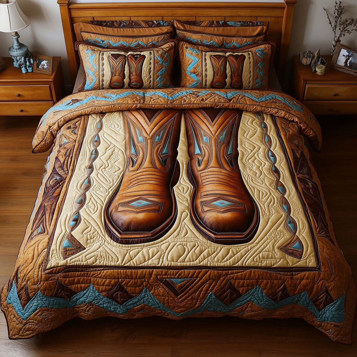 Rodeo Roundup quilted 3-piece bedding set on a made bed in a rustic timber bedroom