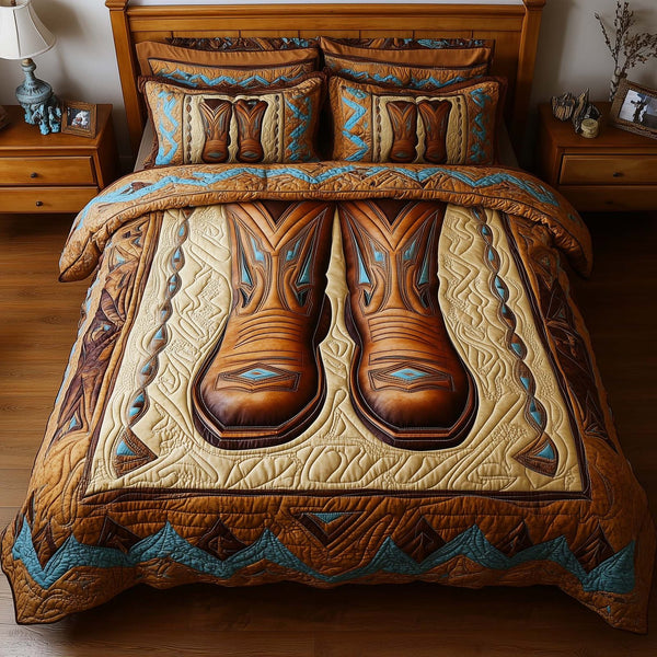Rodeo Roundup quilted 3-piece bedding set on a made bed in a rustic timber bedroom