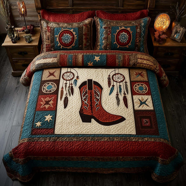 Rodeo Roundup quilted 3-piece bedding set on a made bed in a rustic timber bedroom