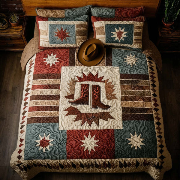 Rodeo Roundup quilted 3-piece bedding set on a made bed in a rustic timber bedroom
