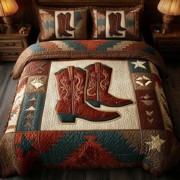 Rodeo Roundup quilted 3-piece bedding set on a made bed in a rustic timber bedroom