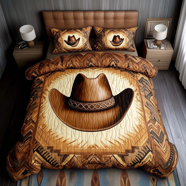 Rodeo Roundup quilted 3-piece bedding set on a made bed in a rustic timber bedroom