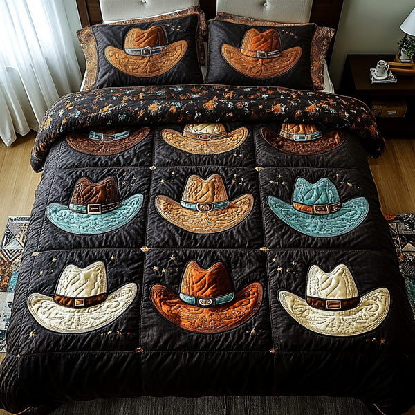 Rodeo Roundup quilted 3-piece bedding set on a made bed in a rustic timber bedroom