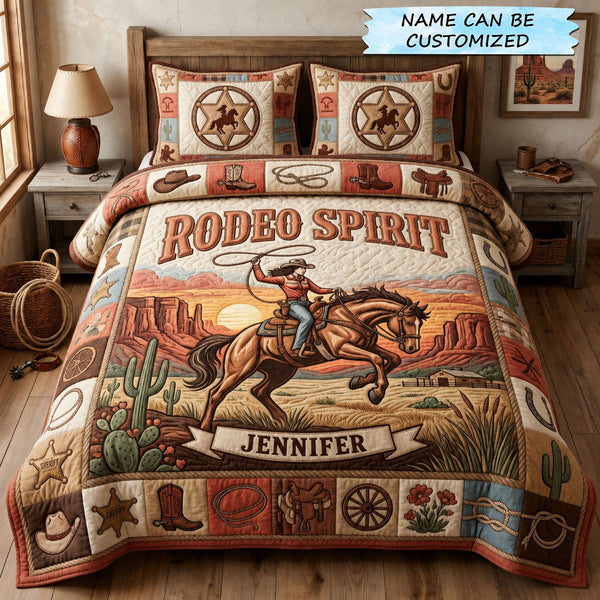 Rodeo Spirit 3-Piece Quilted Bedding Set QTCUZ quilted 3-piece bedding set on a made bed in a rustic timber bedroom
