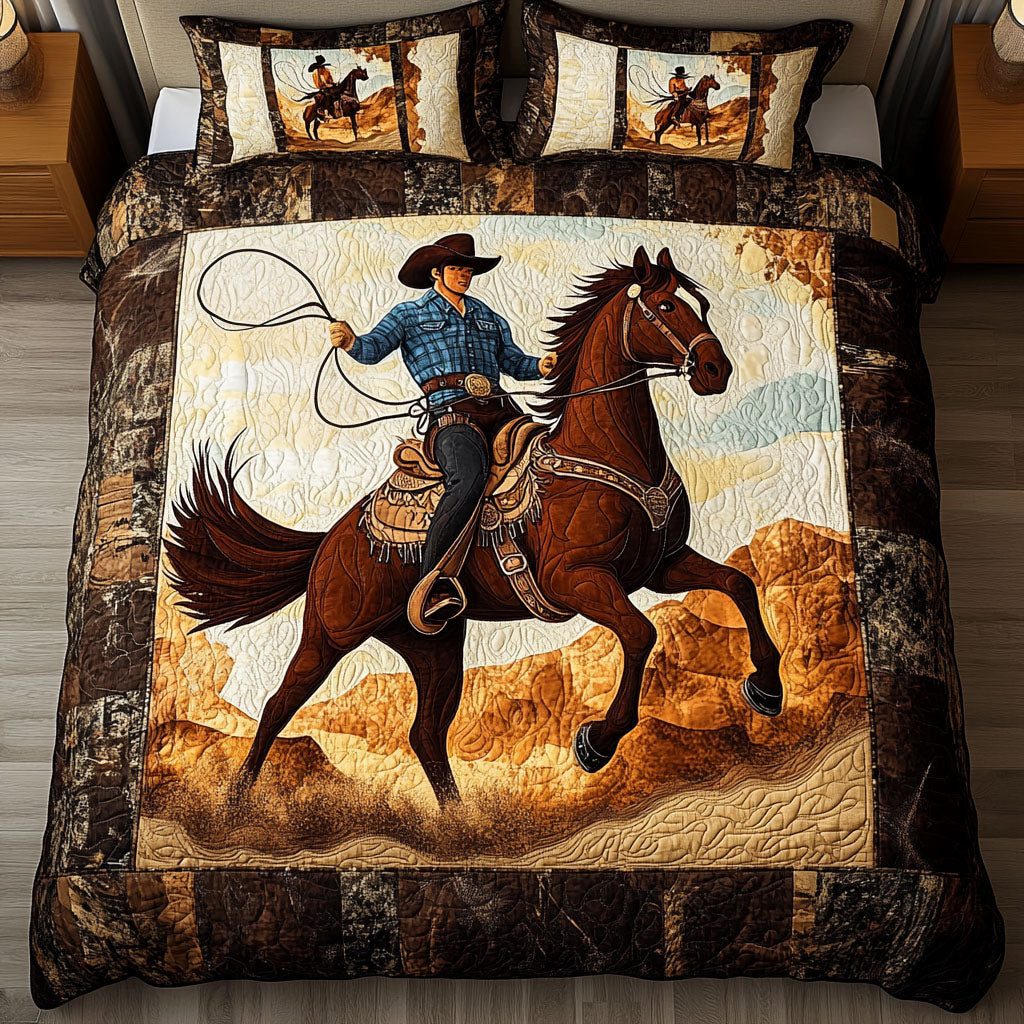 Rodeo Spirit quilted 3-piece bedding set on a made bed in a rustic timber bedroom